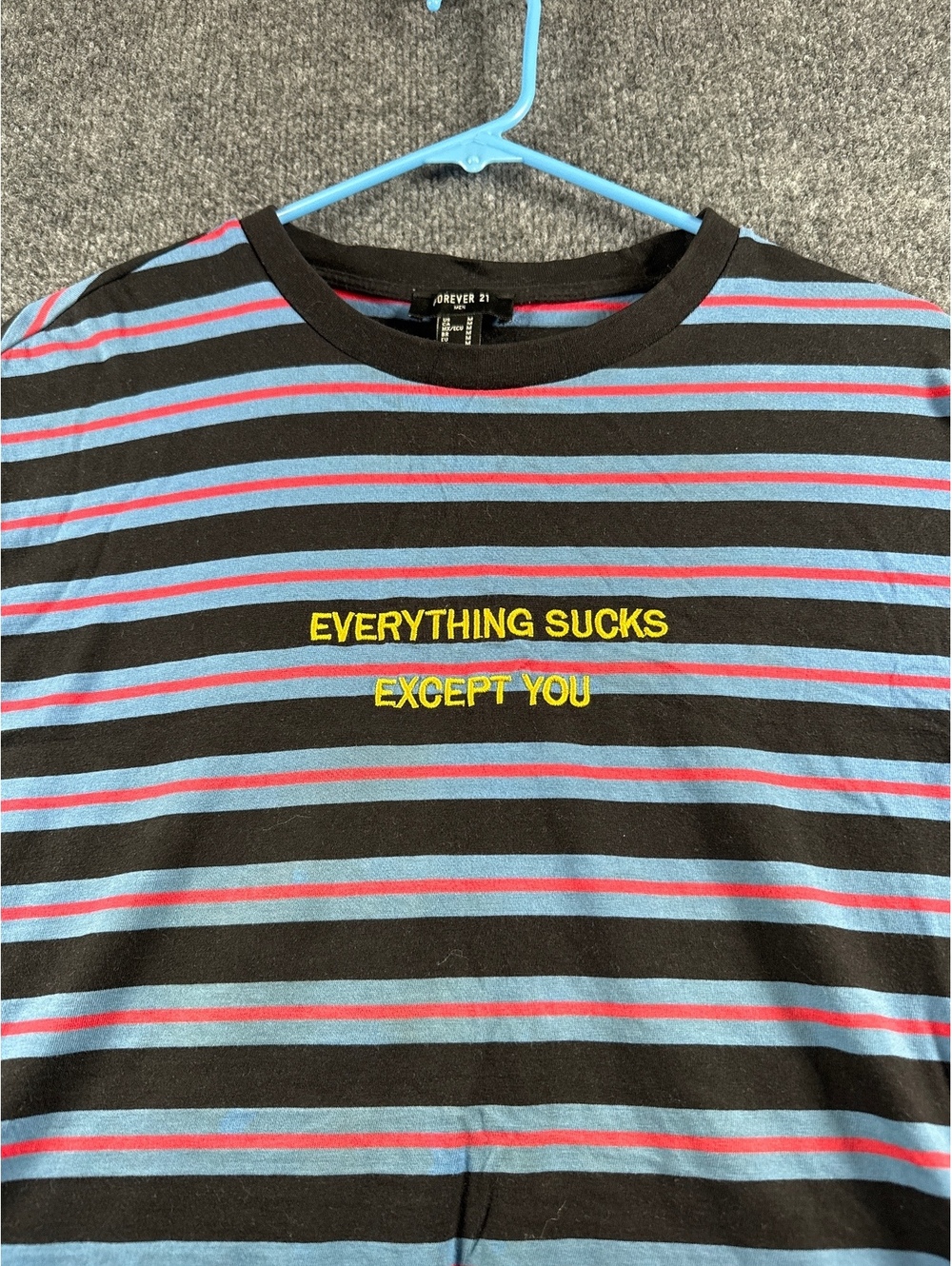 Forever 21 Mens Medium Black Blue Striped Everything Sucks Except You T Shirt